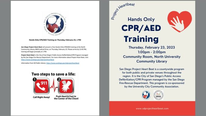 Thu, Feb 23, 1 PM: SDFD and Project Heart Beat offer free AED and  Hands-only CPR class at North University Community Library 